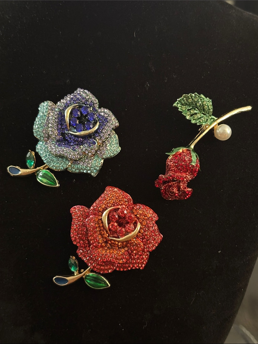 Bundle of 3 Crystal Rose Pin Brooches